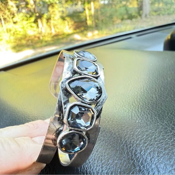 STATEMENT SILVER CUFF BRACELET LARGE FACETED SMOKY CRYSTALS –WOMEN’S BOLD DESIGN - Picture 5 of 17